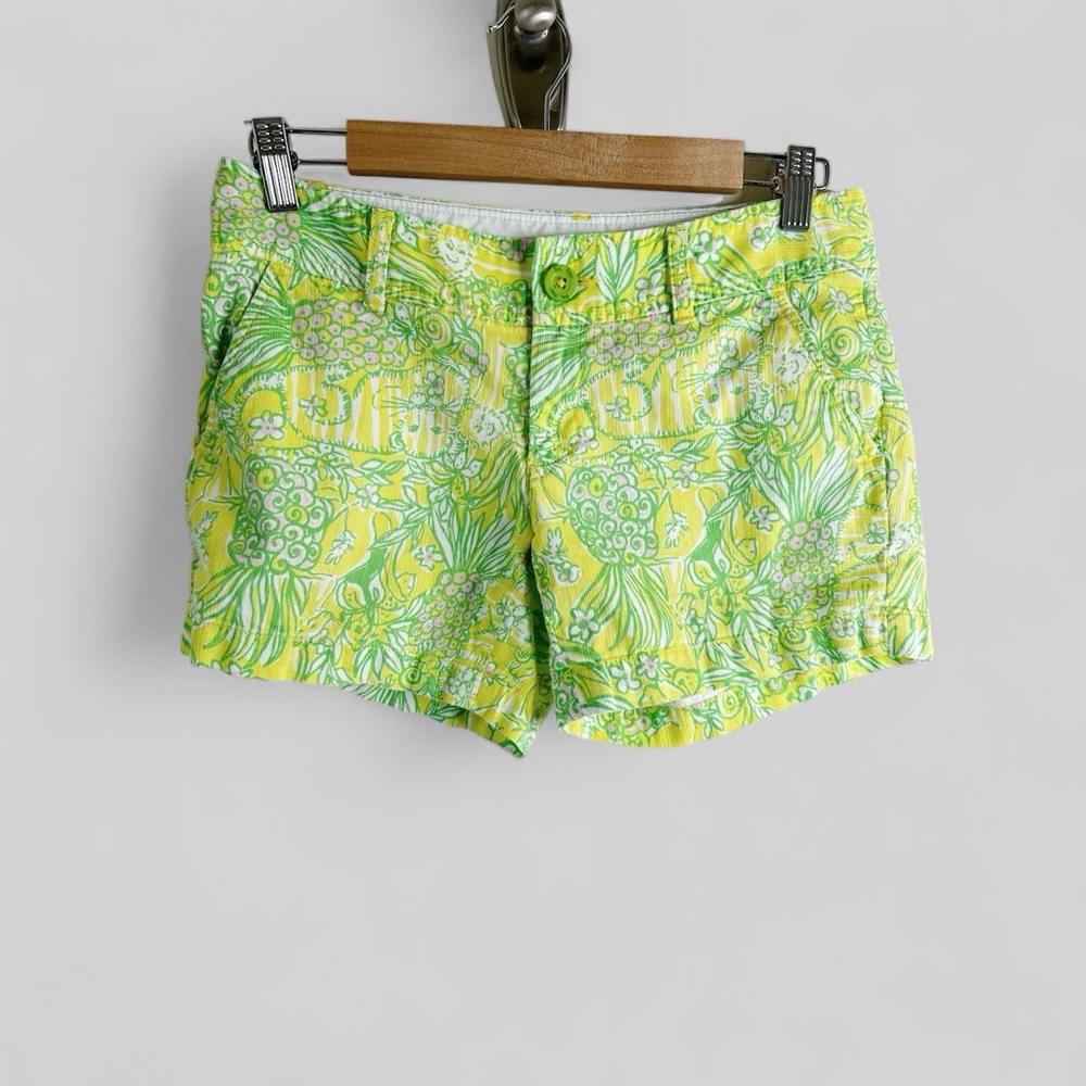 Lilly Pulitzer Callahan Shorts Crazy Cat House Print Size 2 Yellow Green